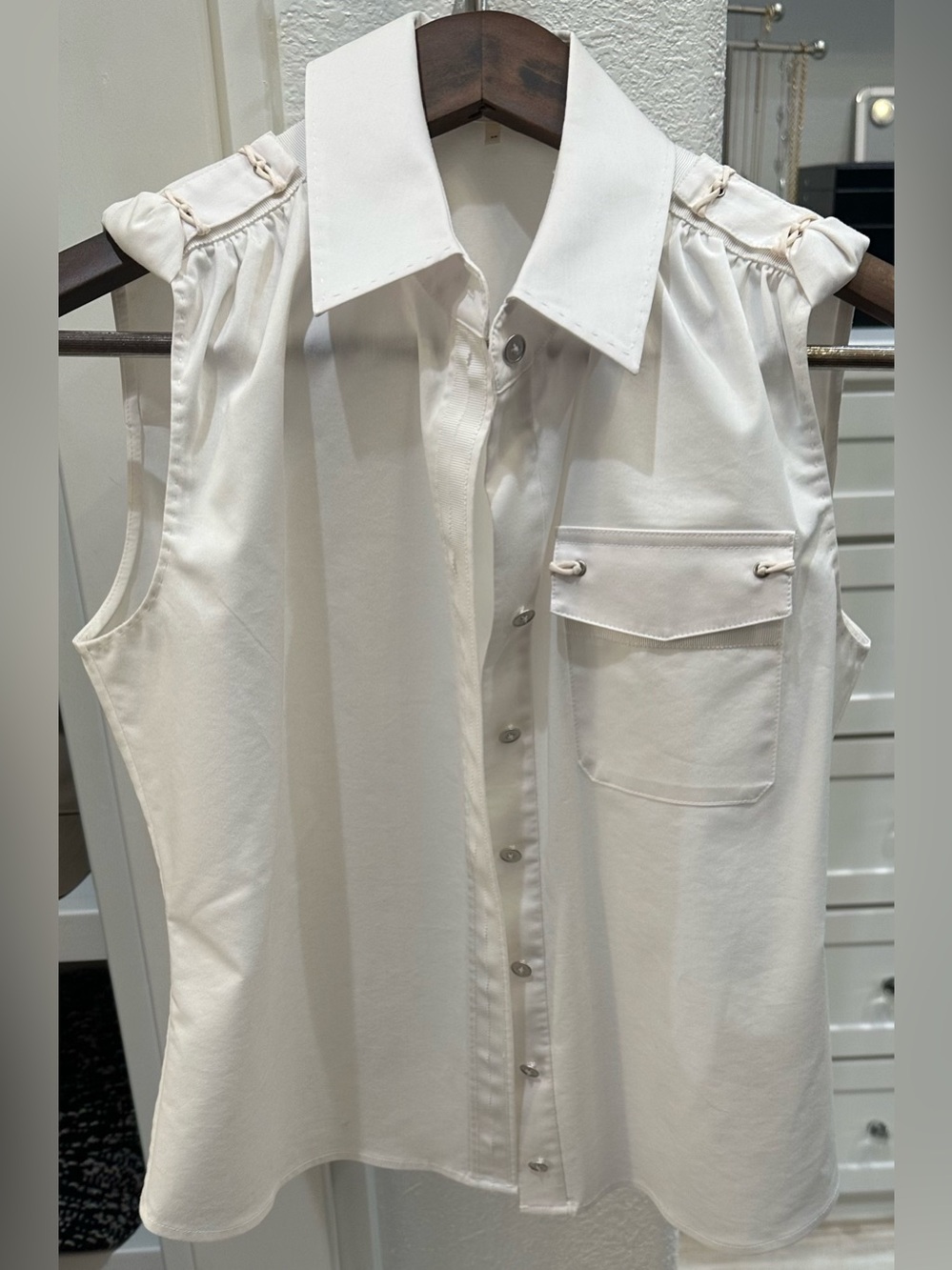 Elie Tahari White Sleeveless Cotton Blend Stretch Button-Front Top XS